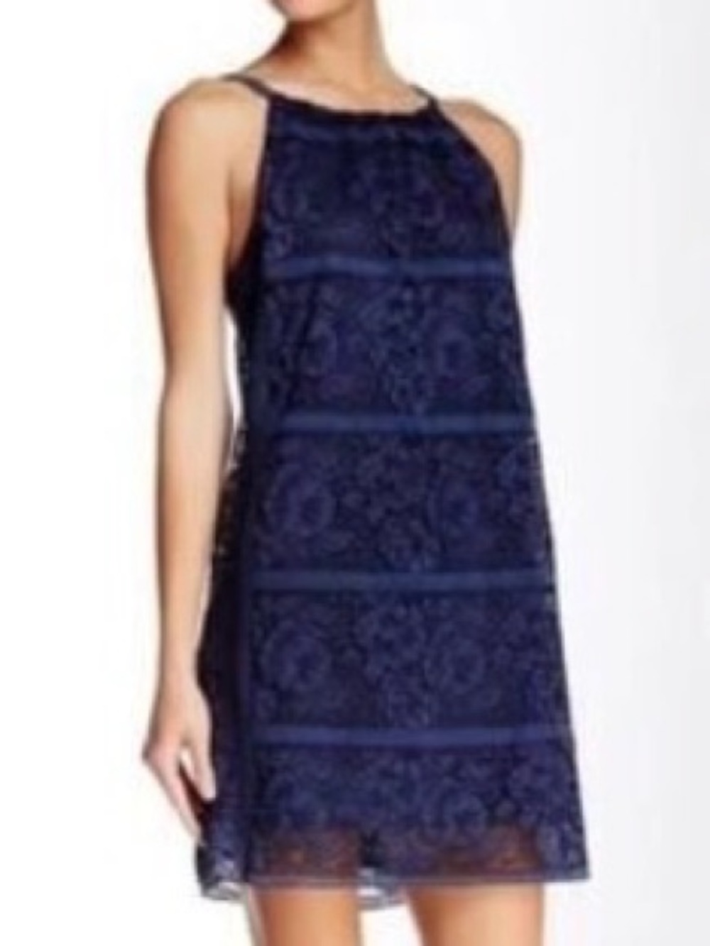 Max Studio Women’s Navy Blue Embroidered Lace Sleeveless Shift Classic Sundress